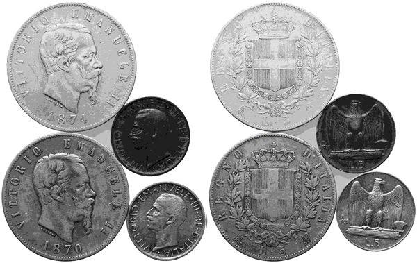 REGNO D'ITALIA. Lotto di n. 4 monete in Ag: 5 lire 1870 M, 5 lire 1874 M, e 5 l...  - Auction Monete e medaglie moderne Italiane ed Estere - Bertolami Fine Art - Casa d'Aste