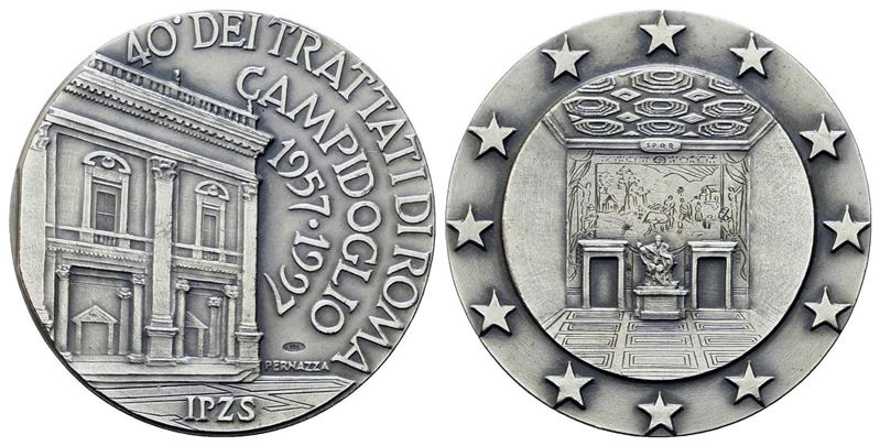 Repubblica Italiana. Medaglia 40° Anniversario Trattati di Roma 1997. Ag 986/1000 (40 MM; 31,10gr...