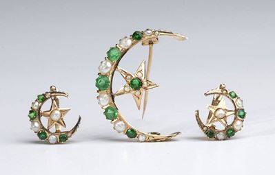 Demi-parure Spilla ed Orecchini a Forma di Luna in Oro Smeraldi e Perle - Fine XIX Secolo