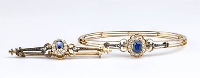 Bracciale e Spilla in Oro ed Argento con Zaffiri e Diamanti - Fine XIX Secolo