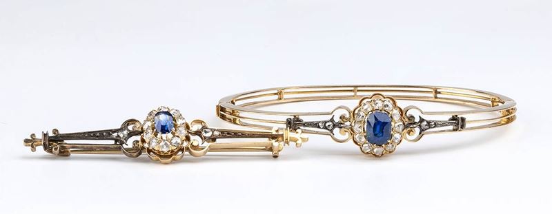 Bracciale e Spilla in Oro ed Argento con Zaffiri e Diamanti - Fine XIX Secolo