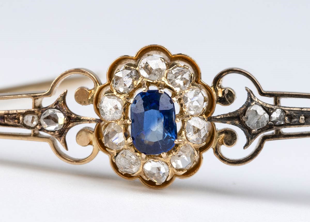 Bracciale e Spilla in Oro ed Argento con Zaffiri e Diamanti - Fine XIX Secolo