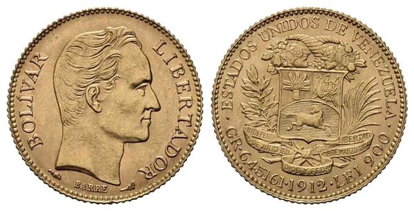 VENEZUELA. 20 bolivares 1912. Au (21,15 mm – 6,45 g). SPL/qFDC...