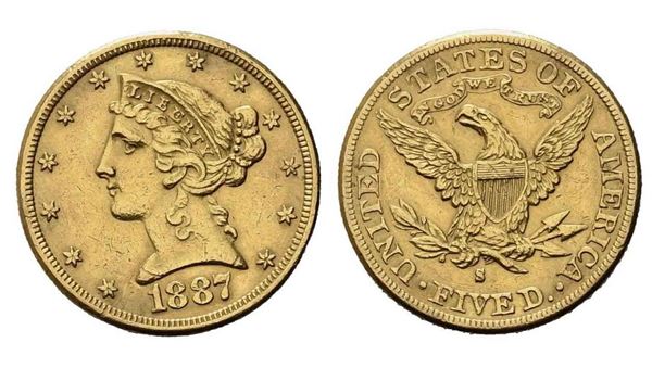 USA. 5 dollari 1887.  San Francisco. Au (21,45 mm – 8,37 g). BB+...  - Auction Monete e medaglie moderne Italiane ed Estere - Bertolami Fine Art - Casa d'Aste