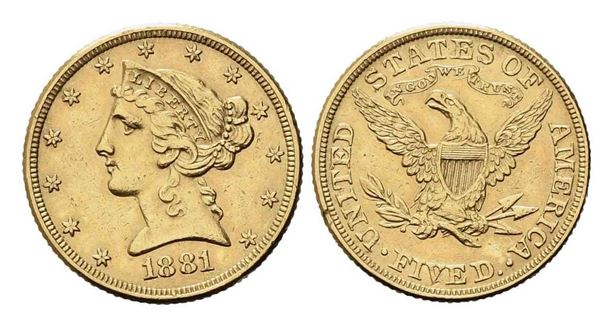 USA. 5 dollari 1881. Philadelphia. Au (21, 55 mm – 8,35 g). BB/qSPL...