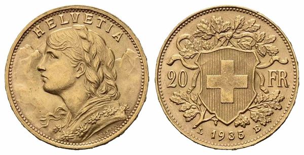 SVIZZERA. 20 franchi 1935. LB. Au (21,15 mm – 6,47 g). KM#35.1. qFDC...  - Auction Monete e medaglie moderne Italiane ed Estere - Bertolami Fine Art - Casa d'Aste