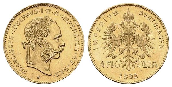 AUSTRIA. Francesco Giuseppe (1848-1816). 4 fiorini - 10 corone 1892. Au (18,95 ...