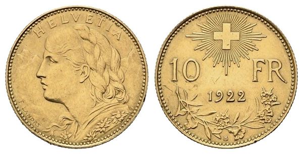 SVIZZERA. 10 franchi 1922. B. Au (18,95 mm – 3,22 g). SPL...  - Asta Monete e medaglie moderne Italiane ed Estere - Bertolami Fine Art - Casa d'Aste