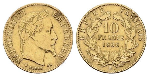 FRANCIA. Napoleone III (1852-1870). 10 franchi 1866. Strasburgo. Au (18,80 mm –...