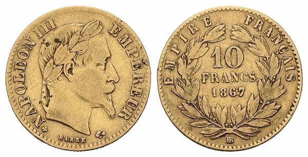 FRANCIA. Napoleone III (1852-1870). 10 franchi 1867. Strasburgo. Au (18,75 mm –...