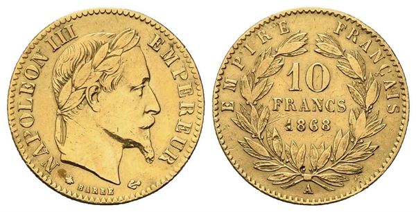 FRANCIA. Napoleone III (1852-1870). 10 franchi 1868. Parigi. Au (18,7 mm – 3,19...