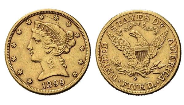 USA. 5 dollari 1899. San Francisco. Au (21,60 mm – 8,34 g). BB+...