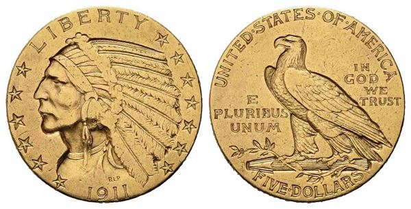 USA. 5 dollari "indiano" 1911. San Francisco. Au (21,40 mm – 8,31 g). qSPL...