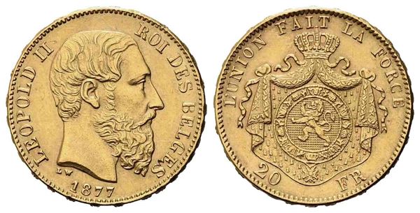 BELGIO. Leopoldo II (1865-1909). 20 franchi 1877. Au (21,30 mm – 6,48 g). SPL/F...