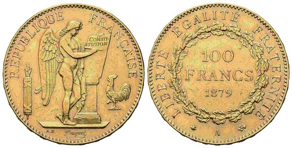 FRANCIA. Terza Repubblica (1870-1940). 100 franchi 1879. Parigi. Au (34,85 mm –...