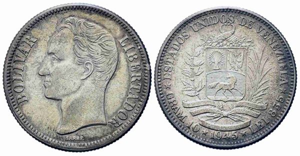 VENEZUELA. 2 bolivares 1945. Ag (26,95 mm – 9,96 g). SPL...  - Asta Monete e medaglie moderne Italiane ed Estere - Bertolami Fine Art - Casa d'Aste