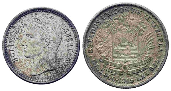 VENEZUELA. 1/2 bolivar 1945. Ag (18,55 mm – 2,51 g). qFDC...  - Auction Monete e medaglie moderne Italiane ed Estere - Bertolami Fine Art - Casa d'Aste