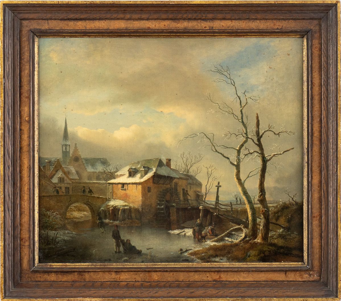 Ignatius Jhosephus Roger Regemorter - Paesaggio Invernale con Villaggio e Figure sul Lago Ghiacch...