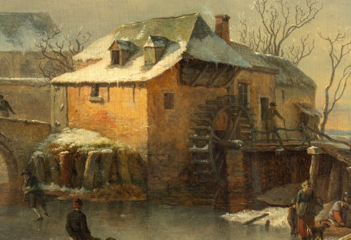 Ignatius Jhosephus Roger Regemorter - Paesaggio Invernale con Villaggio e Figure sul Lago Ghiacch...