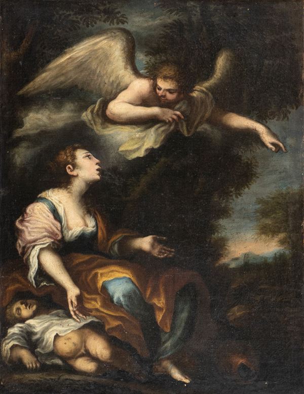 Scuola Napoletana, seconda met&#224; XVII secolo - Agar e Ismaele nel deserto confortati dall'angelo