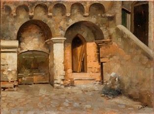 Temistocle Lamesi - Interno di Cortile con Contadina