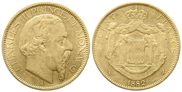 PRINCIPATO DI MONACO. Carlo III (1856-1889). 100 Franchi 1882. Au (34,5 mm – 32...  - Auction Monete e medaglie moderne Italiane ed Estere - Bertolami Fine Art - Casa d'Aste