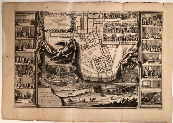 Anonimo incisore del XVIII secolo : PLAN DU CONCLAVE et Description des Solemnites...  - Engraving and etching,, 444 x 676 mm (platemark); 536 x 775 mm(sheet) - Auction STAMPE, LIBRI E CARTE GEOGRAFICHE  - Bertolami Fine Art - Casa d'Aste