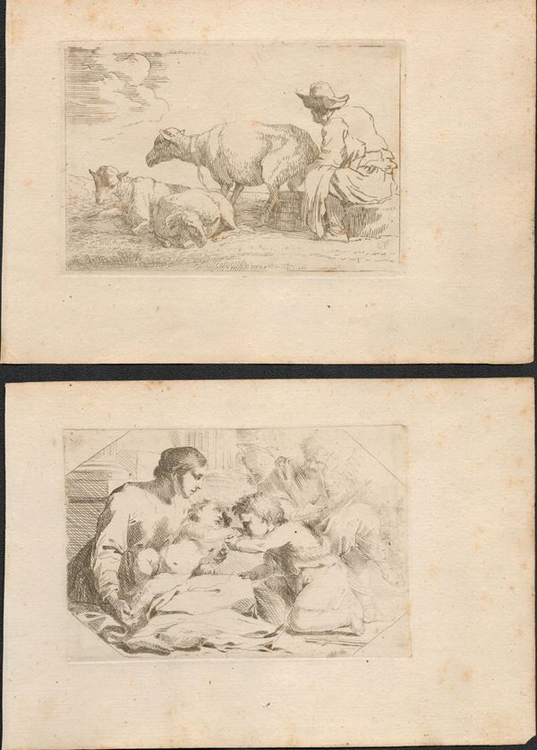 Lot of 2 etchings: Rest on the Flight into Egypt and Shepherd milking a sheep...