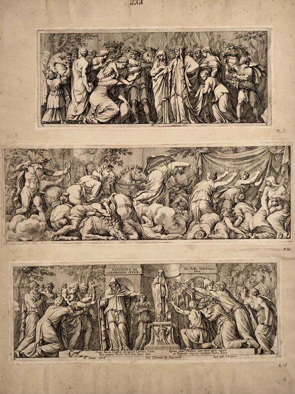 Giovanni Battista Galestruzzi : Tre tavole della serie tratta dal Fregio della Niobe a Palazzo Milesi a Roma, 1...  - Acquaforte, 487 x 372 mm (supporto) - Asta STAMPE, LIBRI E CARTE GEOGRAFICHE  - Bertolami Fine Art - Casa d'Aste