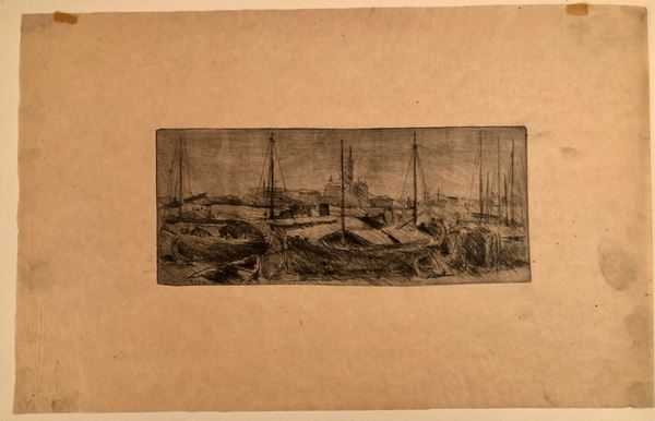 View of the city with boats...  - Etching, 95 x 225 mm (platemark); 248 x 381 mm (sheet) - Auction STAMPE, LIBRI E CARTE GEOGRAFICHE  - Bertolami Fine Art - Casa d'Aste