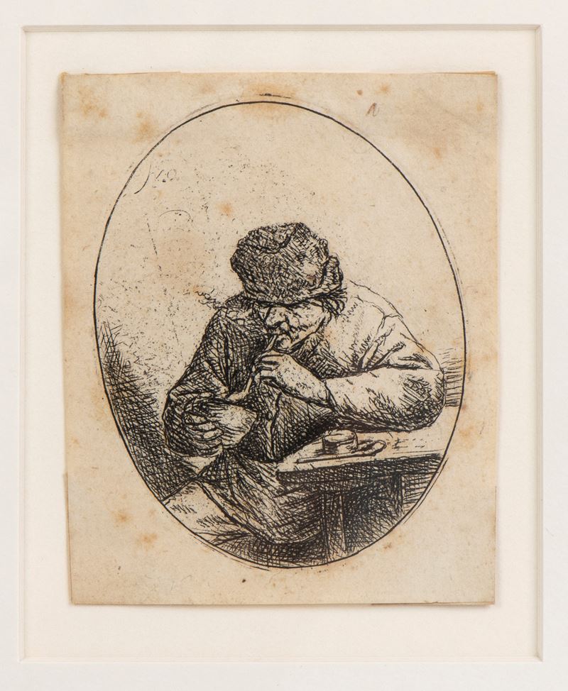 Adrien Van Ostade (haarlem, 1610 -1685), Attribuito, Adriaen Van Ostade - Un Uomo che Fuma Seduto...