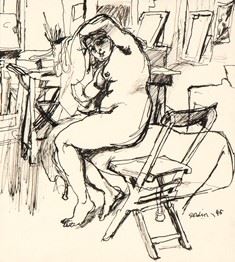 ANTONIO SCORDIA : Studio view with model  (1945)  - China on paper, 25 x 20 cm - Auction Dipinti, disegni e sculture dal XIX al XXI Secolo. Vetri e Ceramiche del ‘900 - Bertolami Fine Art - Casa d'Aste