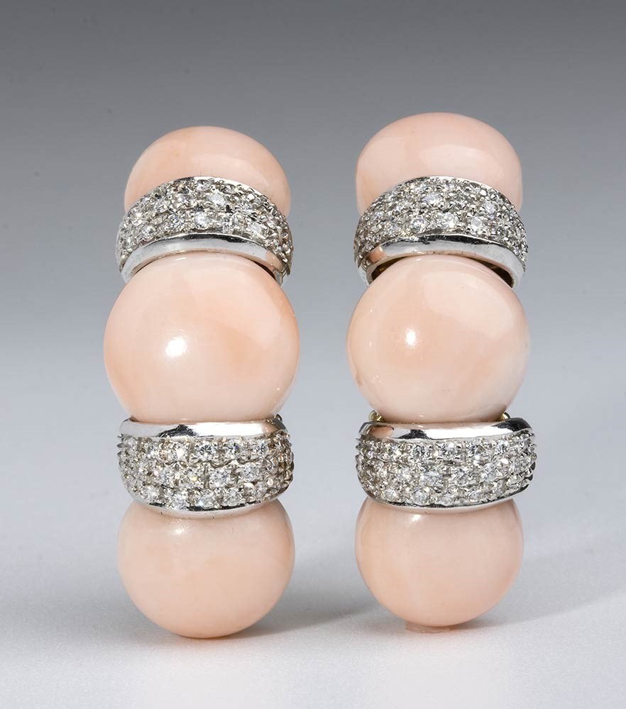 Orecchini in Oro, Corallo Rosa e Diamanti