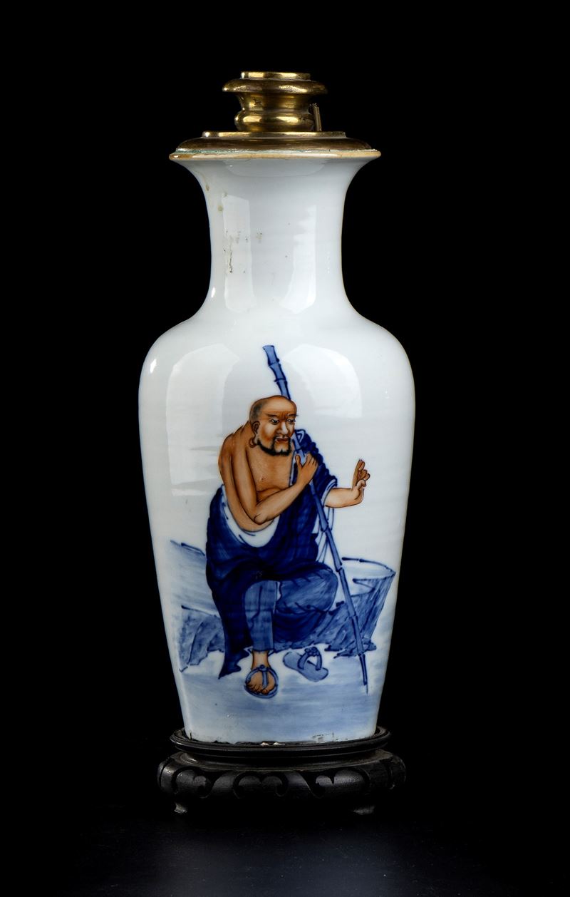 Vaso in Porcellana con Decoro a Smalti Policromi Montato a Lampada